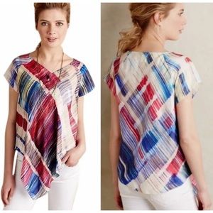 TRYB Anthropologie Red White Blue Painted Look Silk Tunic Blouse Size Large